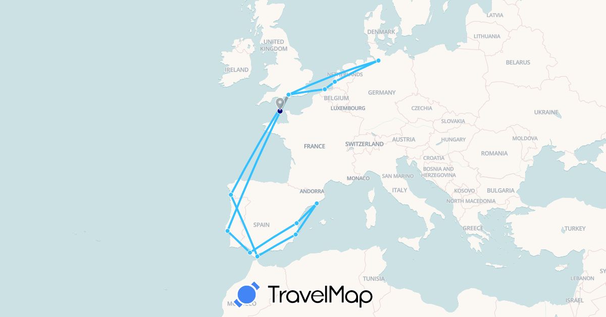 TravelMap itinerary: driving, plane, boat in Belgium, Germany, Spain, United Kingdom, Guernsey, Gibraltar, Netherlands, Portugal (Europe)